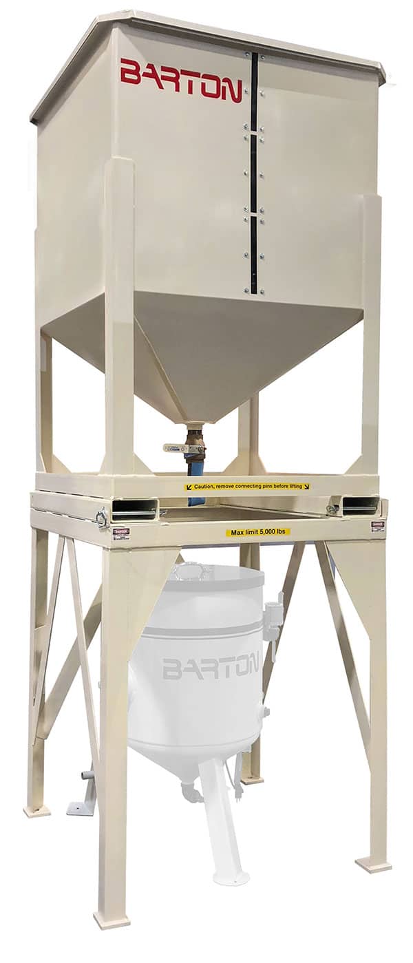 Garnet Abrasive Transfer Hopper mounted on stand with hose connecting to delivery pot.
